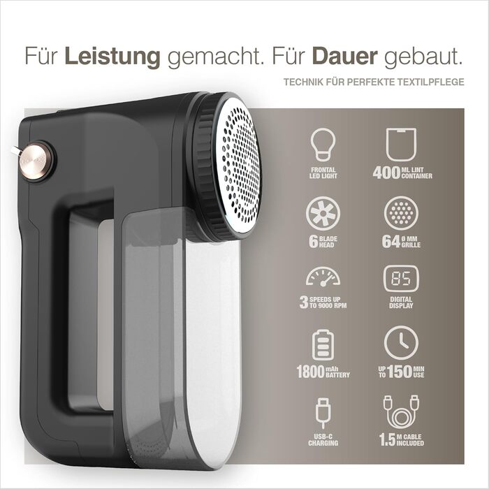 Портентум Фусселрасйер: Електричний видалення ворсу з LED-підсвіткою, 3 режими, 9000 об/хв, 6-клинковий насадка, USB-C, 15W для одягу та дому