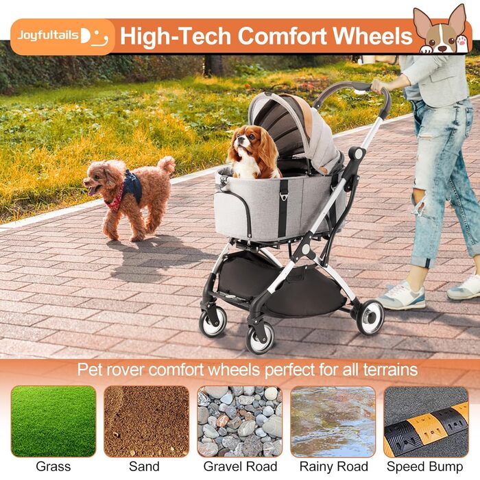 Візок для собак 3 в 1, візок для котів до 15 кг, сірий. Складаний візок для собак та котів з сумкою-переноскою, для маленьких та середніх тварин. З дощовим покриттям