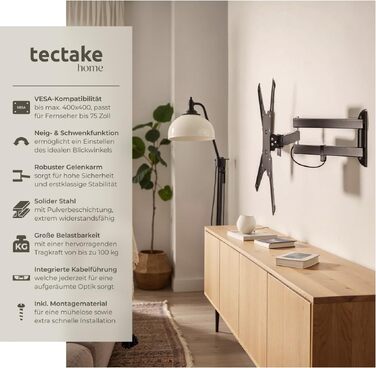 Настінний кронштейн для телевізора tectake® 400793, поворотний та нахильний, для діагоналей 66-191 см (26
