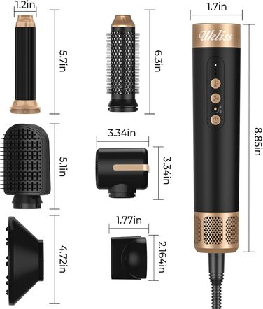 UKLISS Multistyler 7-в-1: фен, плойка, щітка для волосся, 1400W, турбіо, 3 температурні режими, насадки для локонів та випрямлення, чорний/турквіс