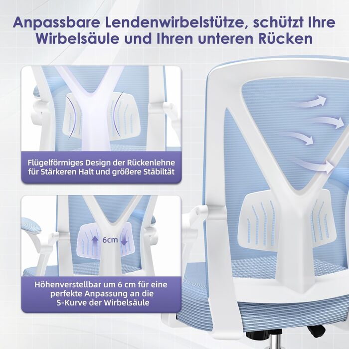 Ергономічне крісло для офісу з регульованою поперековою підтримкою, відкидними підлокітниками, поворотним механізмом та регулюванням висоти, блакитне