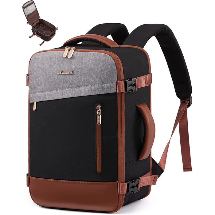 LOVEVOOK Рюкзак ручної поклажі 40L, 17.3 дюйми, великий рюкзак для подорожей для жінок та чоловіків, розширюваний дизайн, рюкзак ручної поклажі для літака, Travel Backpack як Cabin Bag для подорожей та бізнесу (40x30x20cm-24L, Чорний + Сірий + Каштанового