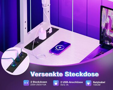 Ігровий стіл Coleshome L-подібної форми з LED-підсвічуванням та розетками, 135 × 100 см. Реверсивний кутовий стіл з полицями для зберігання, з сумкою для дому та ігор. (110×80 см, Білий)