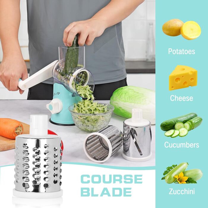 Ручна тертка для сиру та овочів Diealles Shine з ручкою, 3 змінні леза з нержавіючої сталі, для сиру, овочів, горіхів, кави (блакитна)