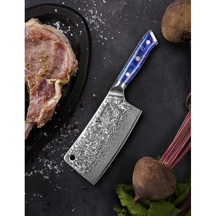 Ніж кухарський Sanmuzuo Hackmesser 17 см, професійний, Дамаск, серія Xuan, VG10 сталь, ручка з епоксидної смоли (сапфірово-блакитна)