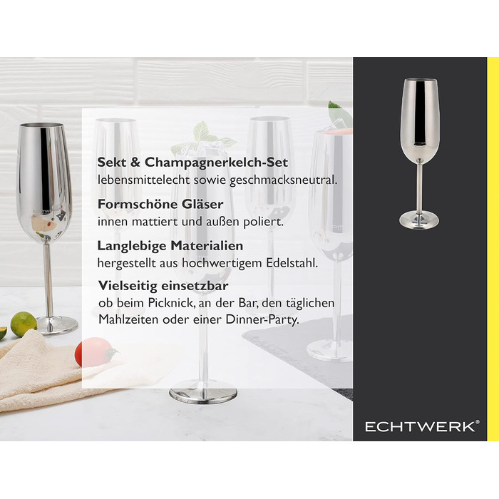 Набір келихів для шампанського та шампанського з нержавіючої сталі, 6 шт., 250 мл, сріблястий, для вечірок, свят, пікніків, подарунок