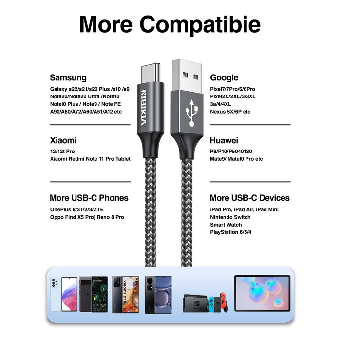Кабель USB-C 3.1A з нейлону, 3M+3M (сірий) для Samsung Galaxy S23, S22, S21, S20, S10, A53, A52, A33, A34, A20e, A14, A13 та інші моделі