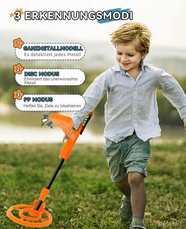 Металодетектор SUNPOW для дітей - LCD-дисплей з мультфільмами, водонепроникна котушка IP68, унісекс дизайн, 3 режими (All Metal/Disc/Pinpoint), регульована ручка 81-102 см для дітей 5-12 років, помаранчевий