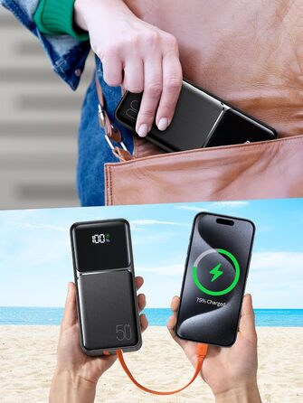Power Bank 50000mAh з кабелем, швидка зарядка USB-C PD20W/QC22.5W, LED-індикатор, 2 входи/5 виходів, для телефонів, планшетів, подорожей, кемпінгу - Чорний