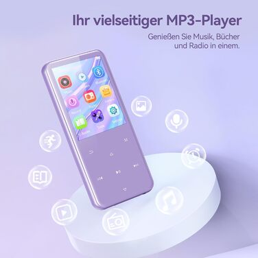 MP3 плеєр AGPTEK 64GB з Bluetooth 5.3, TFT-дисплеєм, FM-радіо та підтримкою до 128GB, фіолетовий