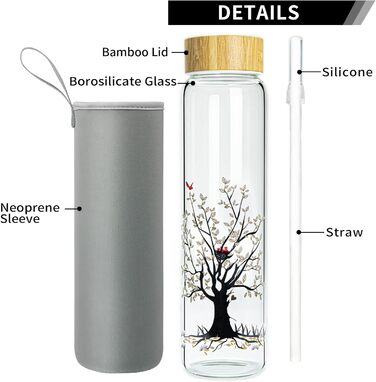 Glass Drinking Bottle 1L Glass Water Bottle with Bamboo Lid 1 Liter (1000ml) (Tree 1liter)