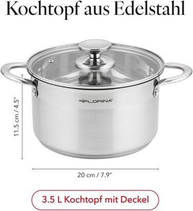 Каструля Florina 22 см, 4.8 л з нержавіючої сталі з кришкою з термостійкого скла | Для індукційних, газових, електричних та керамічних плит | З мірною шкалою всередині | Можна мити в посудомийній машині | Стійка до нагріву кришка | Міцна та довговічна (FA