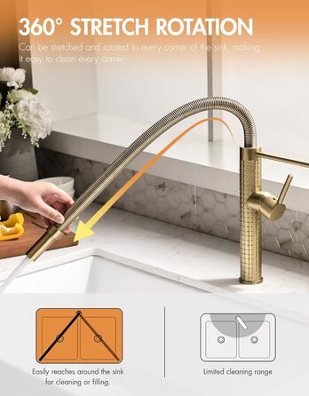 Кухонний змішувач TIMACO висувний, поворотний на 360°, золото. Змішувач для кухні, одноручний, для мийки.