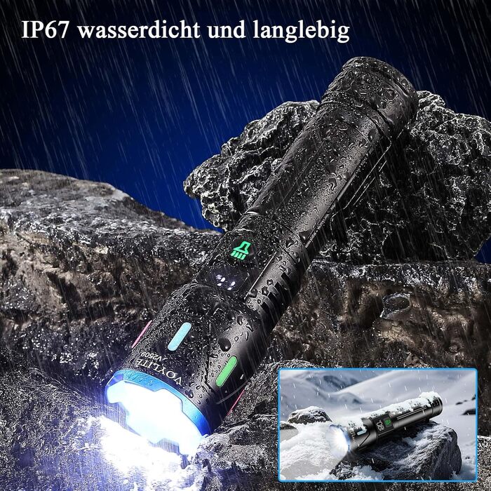 Ліхтар LED акумуляторний 500000 люмен, надпотужний з акумулятором 5000 mAh, LCD-індикатор заряду, 3 режими, регульований фокус, для кемпінгу та відпочинку на природі, матовий чорний