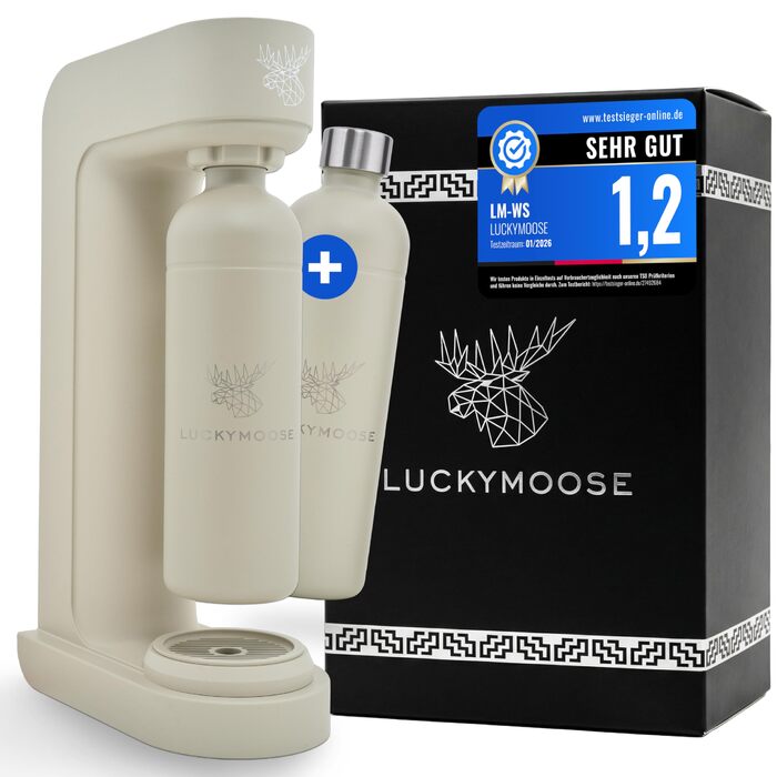 Luckymoose Infinity: Газована вода з 2 пляшками з нержавіючої сталі 1.25л - домашній сифон для газування води, сумісний з CO₂ балонами 60л (колір: пісок)