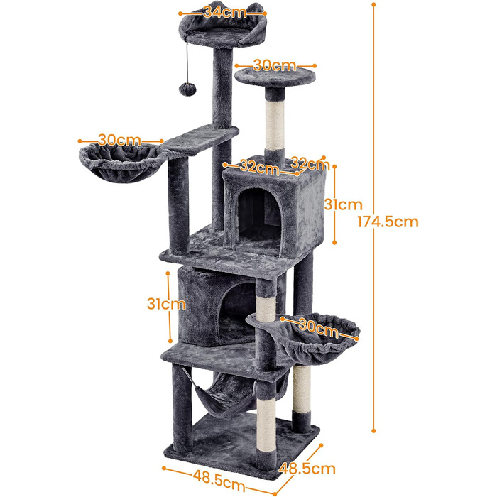 Кігтеточка Yaheetech XXL для котів, 175 см, для 3-4 котів, з платформами, гамаком, м'ячиком, сізаль, темно-сіра