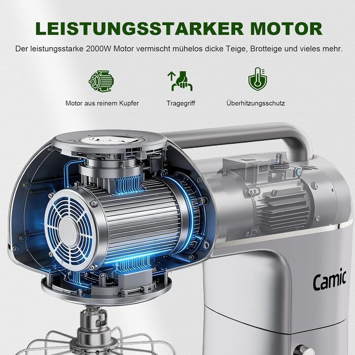 Кухонна машина Camic 2000W: планетарний міксер з чашею з нержавіючої сталі 7л, 10 швидкостями, набором насадок та захистом від бризок, сріблястий