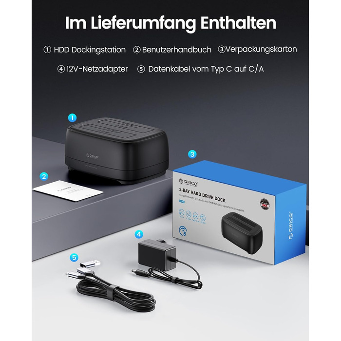ORICO Док-станція для жорстких дисків, USB 3.2 Gen 1, 2 відсіки, підтримка 2.5/3.5 HDD/SSD, до 20TB, UASP, 12V 3A