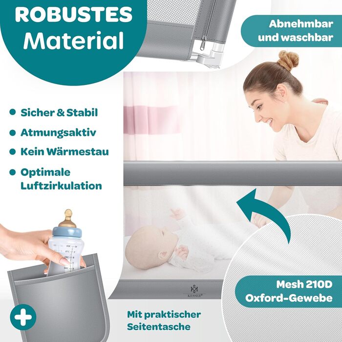 Захист для ліжка KESSER® 200 см: сітка для дитячого ліжка, захист від падіння, складна, сіра, з сумкою