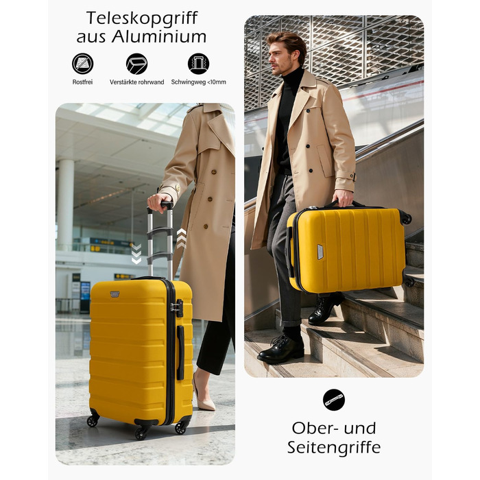 Набір валіз COOLIFE 3 шт. (M, L, XL) для сімейних та закордонних подорожей, ABS+PC, жорсткий корпус, 360° обертання, YKK блискавка, TSA замок, жовтий колір