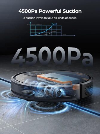 Робот-пилосос з функцією миття, 4500Pa, 3-в-1, сумісний з Alexa, 180 хв роботи, для шерсті тварин, килимів, твердих підлог