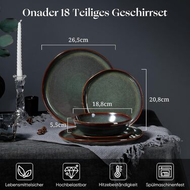 Набір посуду на 6 осіб Onader, 18 предметів: тарілки для сніданку, десерту та обіду, стегонна посуд, мікрохвильова піч, реагуючий мох зелений
