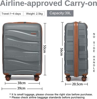 KONO Чемодан середнього розміру 65 см з поліпропілену, з TSA замком, 65x46x26.5 см (Крем-білий) (Сіро-коричневий), ручна поклажа