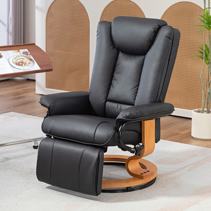 HOMCOM Recliner Chair, Swivel TV Chair with Reclining Function and Footrest, Holds up to 150 kg (220 lbs), Faux Leather TV Chair in Black for Living Room