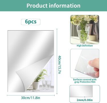 6 шт. дзеркал самоклеючих, 30 x 40 см, гнучкі акрилові дзеркала для стін, шаф, ванної кімнати