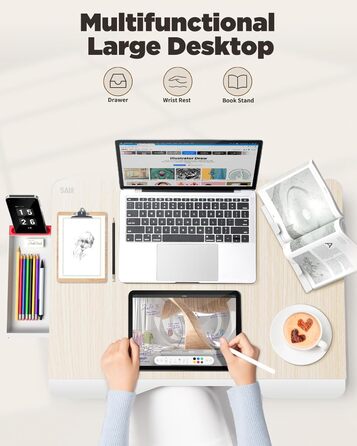 SAIJI Стіл-таблетка для ноутбука, розкладний XXL, з ящиком та підставкою для книг/телефону (65 x 49 x 30 см, Light Teak)