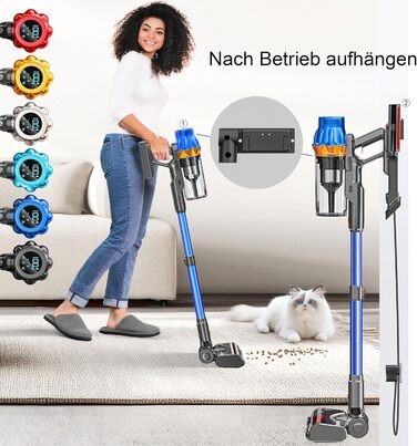 Бездротовий акумуляторний пилосос KESSER® з LED-дисплеєм | Тихий, без мішка, з антинамотувальною щіткою для твердих поверхонь, килимів та шерсті тварин (Синій/Золотий)