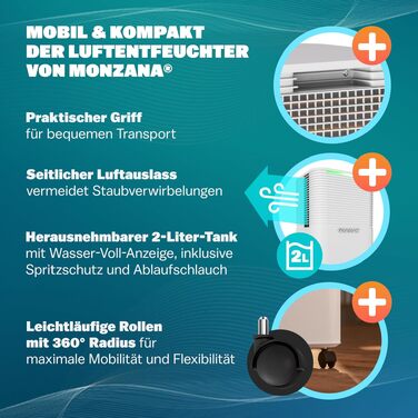 Електричний осушувач повітря MONZANA для кімнати, ванної та квартири (15-20 м²), продуктивність 12л/добу, LED-дисплей, 24-год таймер, очищувач повітря для алергіків