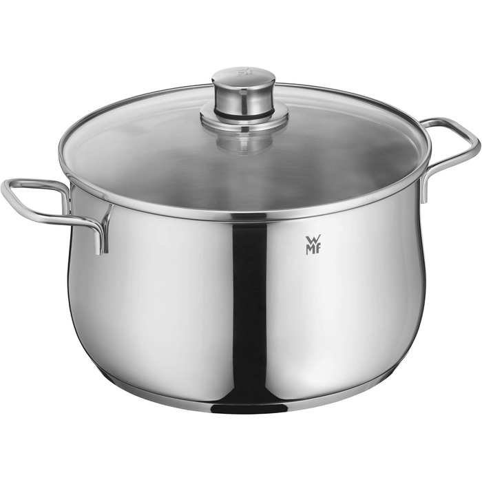 Велика каструля WMF Diadem Plus 20 см, 3,7 л, для індукції, з кришкою зі скла, полірована нержавіюча сталь Cromargan, без покриття
