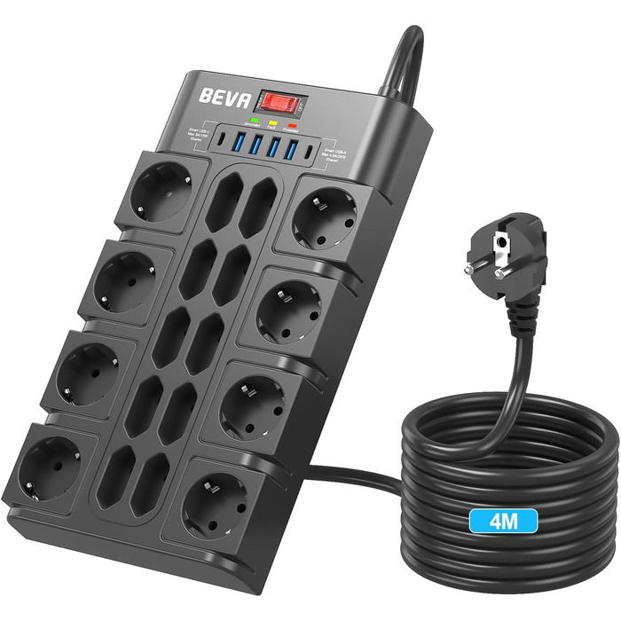 Мережевий фільтр BEVA з 18 розетками, 3680W/16A, захист від перенапруги 2100 Дж, 2 USB-C (15W) + 4 USB-A, з вимикачем, для офісу та дому