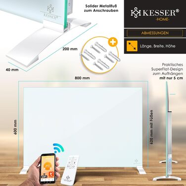 Інфрачервовий обігрівач KESSER® з функцією 2 в 1: підлоговий та настінний. Енергозберігаючий склокерамічний обігрівач з дистанційним керуванням, термостатом, детектором відчинених вікон та керуванням через додаток. Потужність 500W, білий колір.