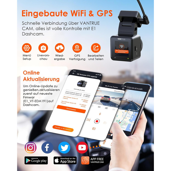 Автомобільний відеореєстратор VANTRUE E1 2.7K Wi-Fi GPS, 2.5K 1440P/60FPS, керування голосом та пультом, нічне бачення HDR, паркувальний режим 24/7, кут 160°, до 512ГБ
