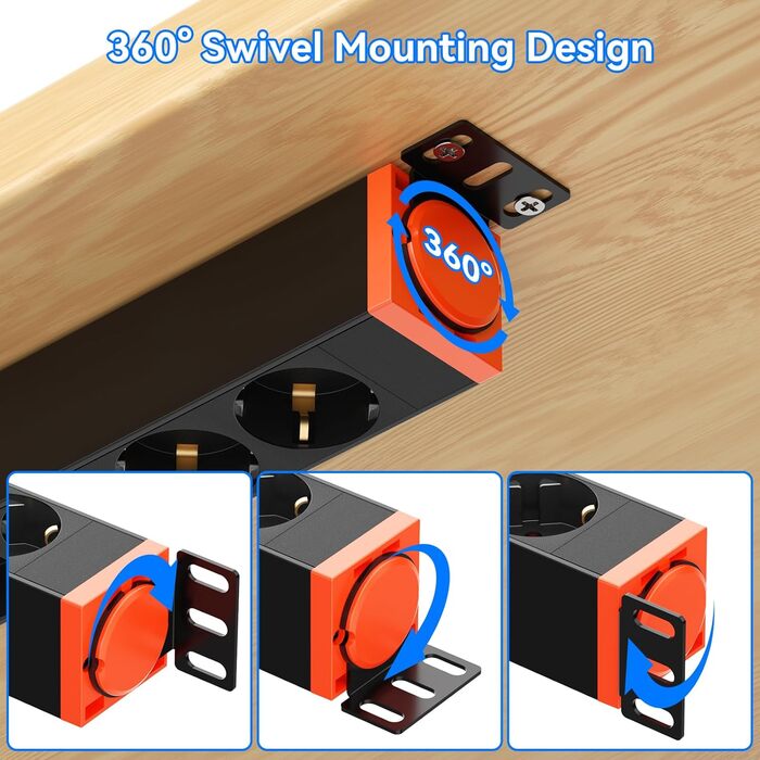 Мережевий фільтр 10 розеток з захистом від перенапруги, поворотний на 360°, для кріплення на стіну, кабель 1,8м, 16A/4000W, для офісу та дому, чорний