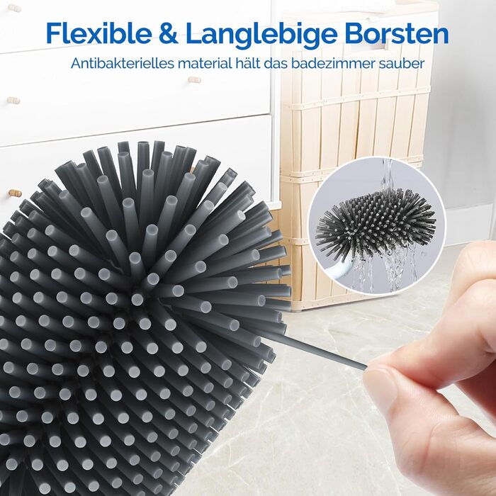 Силіконова щітка для унітазу HAMITOR з тримачем: гнучка щітка для унітазу з очищувачем країв - швидковисихаючий набір щіток для унітазу з тримачем для ванної кімнати. Підвісна щітка для унітазу без свердління, 1 шт. (Блискучий білий, 1 шт.)