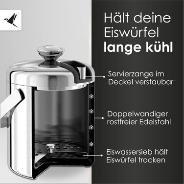 Beyond ice cube containers with lid and tongs 100% BPA free made of stainless steel - ice cube cooler, double-walled, 1.3 liters | Ice bucket for ice cubes, ice container for ice cube storage