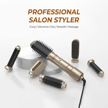 Air Styler 7-в-1: Фен-щітка, плойка, випрямляч. Зібрано 7 функцій у 1 золотому приладі. 110 000 обертів/хв, іонізація, складне зберігання. Ідеально для створення зачісок, локонів та випрямлення волосся.