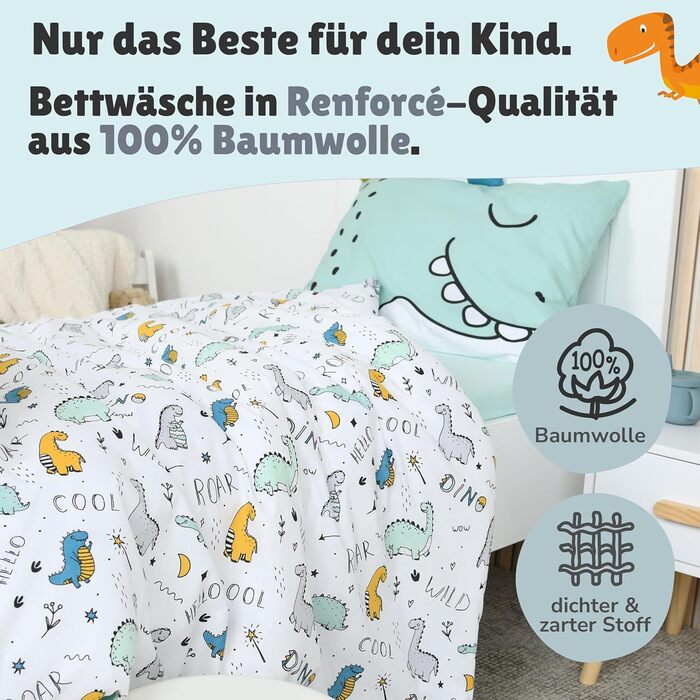 Дитяча постільна білизна (2 шт.) з 100% бавовни Oeko-Tex: ковдра 100x135 см та подушка 40x60 см. Зручна дитяча постіль з блискавкою, дихаюча, регулює температуру, з зображенням динозаврів.
