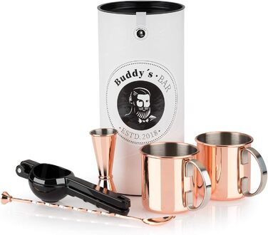 Moscow Mule Complete Set, 2 x 500 ml Cocktail Mugs, 27 cm Bar Spoon, 5cl Jigger & Black Lime Squeezer, Food-Grade, Cocktail Mug Set including Gift Box, Polished Copper