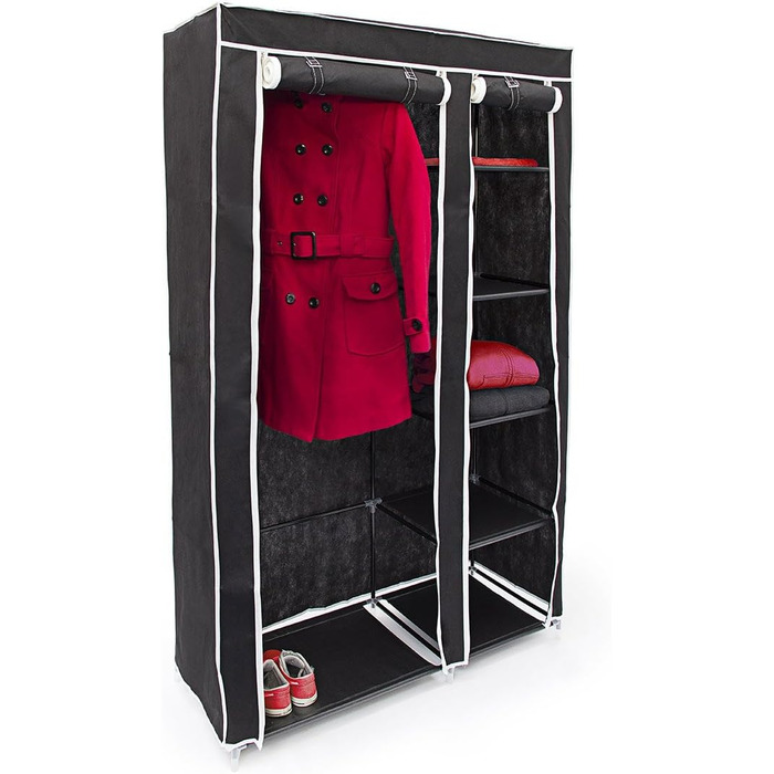 Relaxdays Fabric Wardrobe with Clothes Rail & 5 Compartments, HBT: 174 x 107 x 42.5 cm, Sturdy Folding Wardrobe with Cover, (Black)