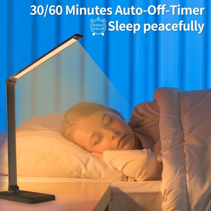 LED лампа настільна LQWELL® з регулюванням яскравості, металева, 5 кольорів, 10 рівнів яскравості, USB-зарядка, сенсорне управління, пам'ять, для дітей, чорна, QM019