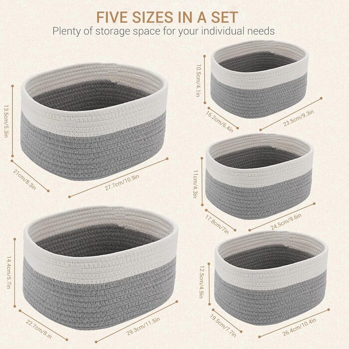 Lannvan Storage Basket 5-Piece Set made of Cotton, Woven Baskets, Storage Baskets, Storage Basket, Woven Basket for Bathroom, Bathroom, Children's Room, Changing Table, White and Grey