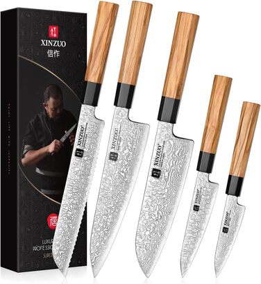 Японський ніж XINZUO Damaststahl Kiritsuke 21.5 см з нержавіючої сталі Дамаск, ніж шеф-кухаря Gyuto з ручкою з оливкового дерева та чорного рогу буйвола, з піхвою (набір з 5 ножів)