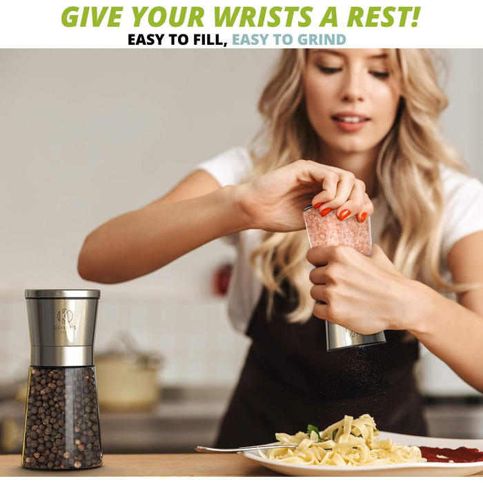 Набір з 2 шт. мельниць для солі та перцю Oliver's Kitchen® - преміум керамічні жорна, велика ємність, регульований ступінь помелу, ручний дозатор