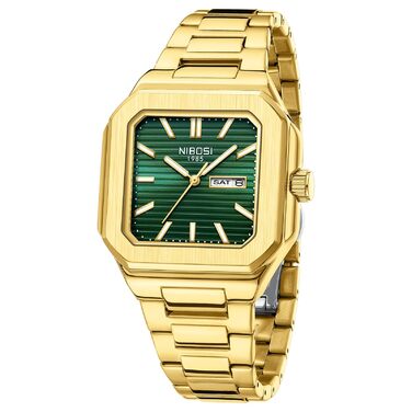 Годинник чоловічий NIBOSI: кварцовий, з нержавіючої сталі, мілітарі, квадратний, водонепроникний, бізнес-стиль, класичний, дизайнерський (золотий, зелений)