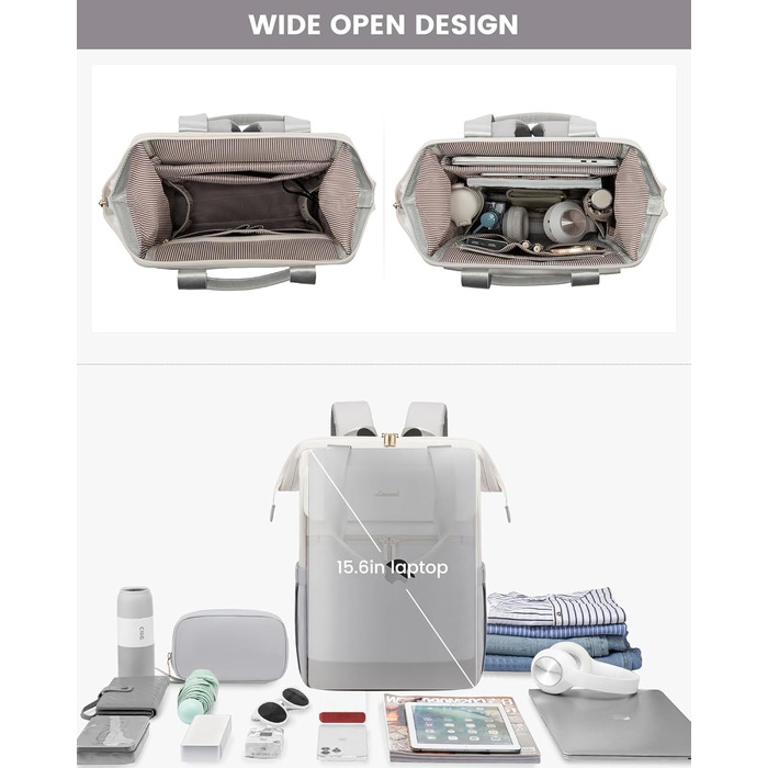 Стильний рюкзак LOVEVOOK для жінок: місткий, водонепроникний, для ноутбука 15.6/17.3 дюймів, ідеальний для роботи, навчання, подорожей (бежевий & світло-сірий)