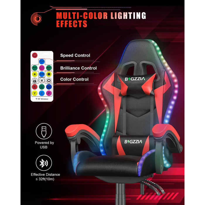 Ігрове крісло Racingreat з RGB LED підсвіткою, ергономічне геймерське крісло (Чорно-червоне, Синя світлова смуга)